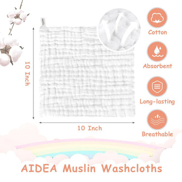 Aidea Baby Washcloths And Burp Cloths, Absorbent Cotton Muslin Baby Towels, Large Soft Breathable Newborn Essentials For Boys An