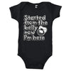 Started From The Belly Now I'M Here Bodysuit (Black, Newborn)