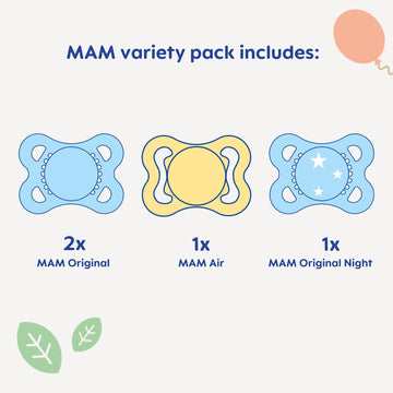 Mam Variety Pack Baby Pacifier, Includes 3 Types Of Pacifiers, Nipple Shape Is Developed With Dentists, 0-6 Months, Unisex, 4 Co