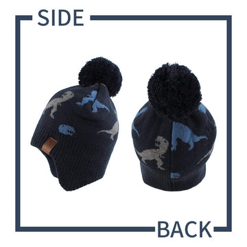 Knitted Baby Hat Scarf Set Winter Warm Boys Girls Beanie Fleece Lining Toddler Kids Hat With Pompom (Dinosaur Navy Hat+Scarf, S)