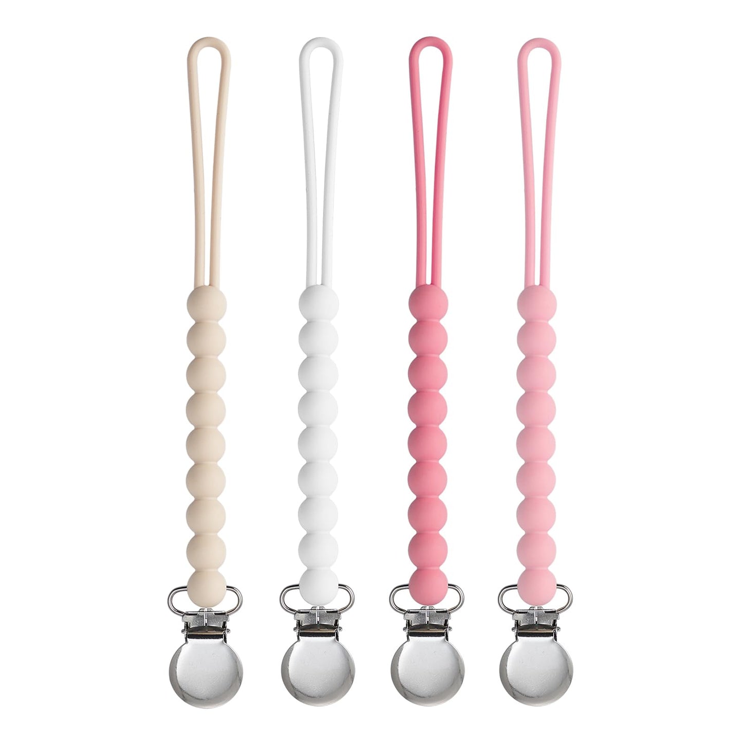 Pacifier Clip for Boys Girls - MORIBOX 4 Pack Paci Clip Soothie Baby Binky Holder for Shower Gift Birthday (Beige+White+Pink+Dpi