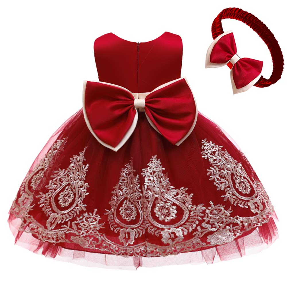 Cmmchaah Toddler Girl Big Bowknot Dresses Baby Little Girls Tulle Lace Wedding Party Ball Gown Dress (Burgundy,120)
