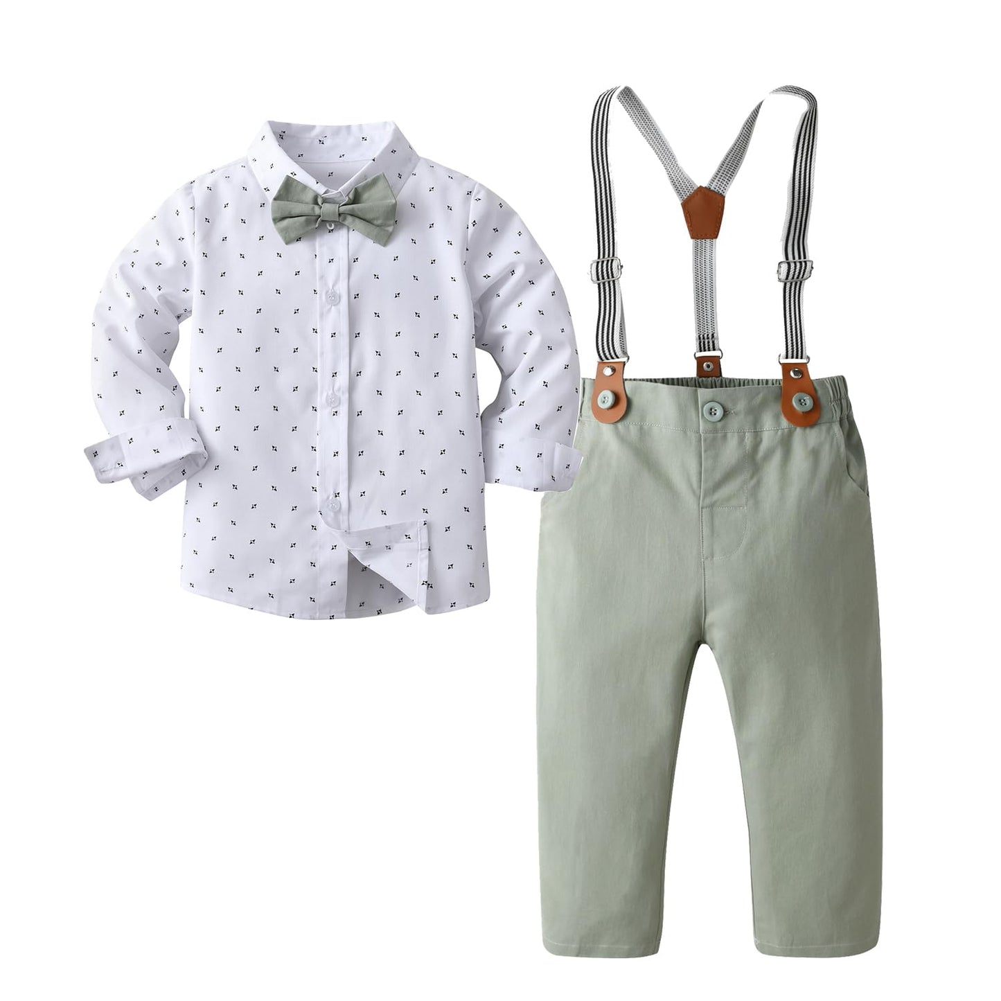 Boarnseorl Baby Boys Gentleman Outfits Pants Sets, Infant Long Sleeve Shirt + Pants + Bow Tie + Suspenders,12-18M