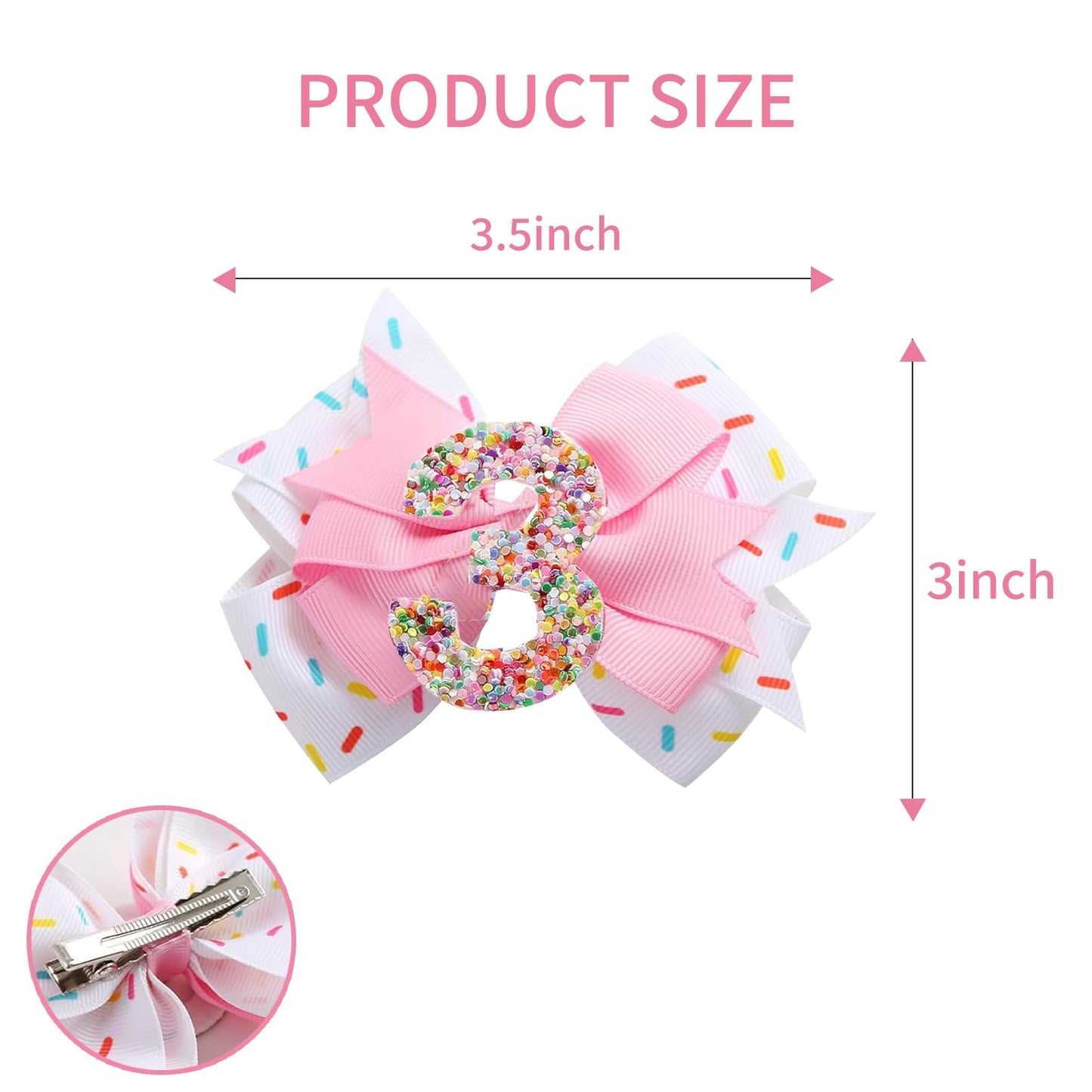 Birthday Hair Clips For Baby Girls - 2Pc Pink Sprinkle Bow Hair Clips For 3Rd Birthday Glitter Ice Cream Baby Bow Party Decorati