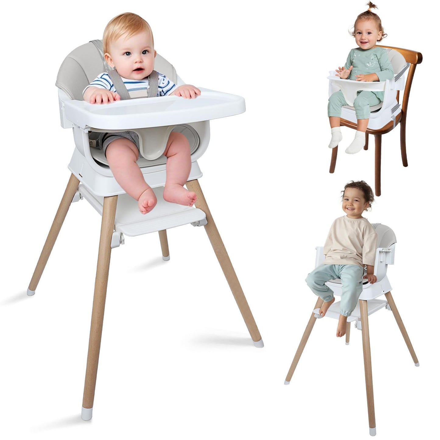 9 in 1 Convertible Baby High Chair with Booster, Wooden Highchair for Babies and Toddlers with Adjustable Tray & 5-Point Harness