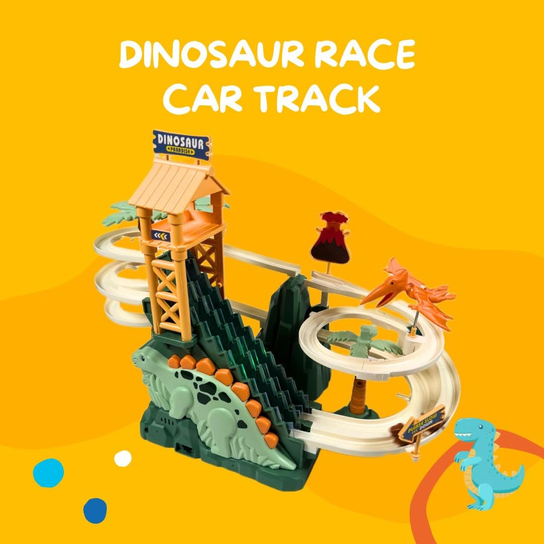 Gemprime Goods Dinosaur Climbing Slide Toy, Dinosaur Race Track Game Dino Car Track Adventure With Climbing Stairs, Lights & Mus