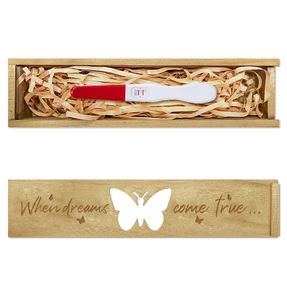CHGCRAFT Pregnancy Test Keepsake Box Butterfly Wooden Pregnancy Announcement Gifts Box with Raffia Ribbon Push Pull Announcement