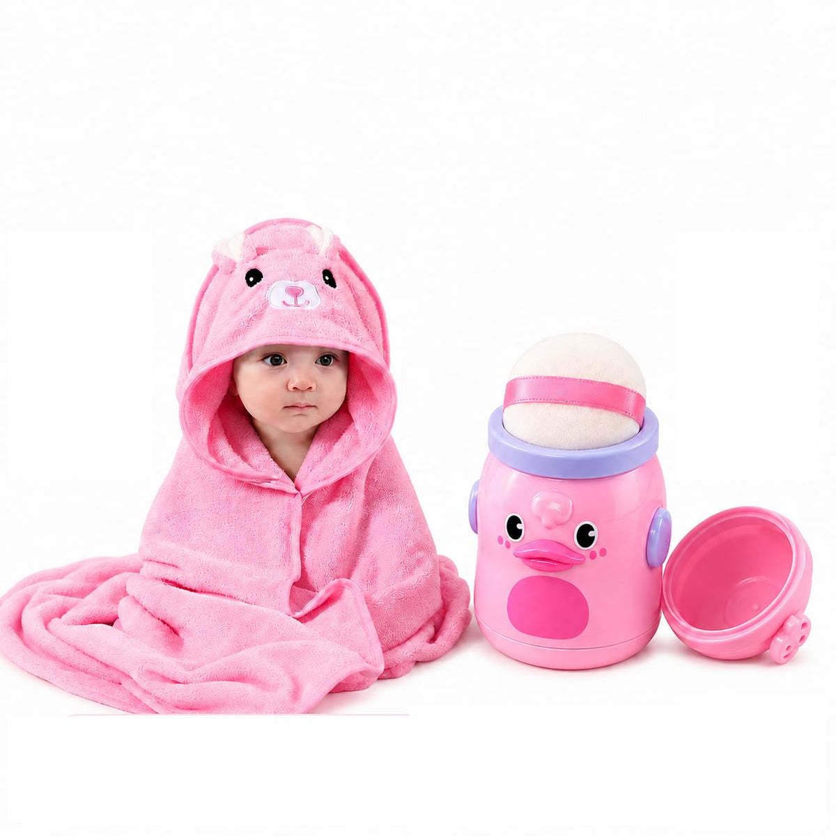 KAVYA BEAUTY Baby Hooded Bath Towel with Powder Puff Container Set | Ultra Soft & Absorbent Baby Bath Towel | Cute Pink Hooded T