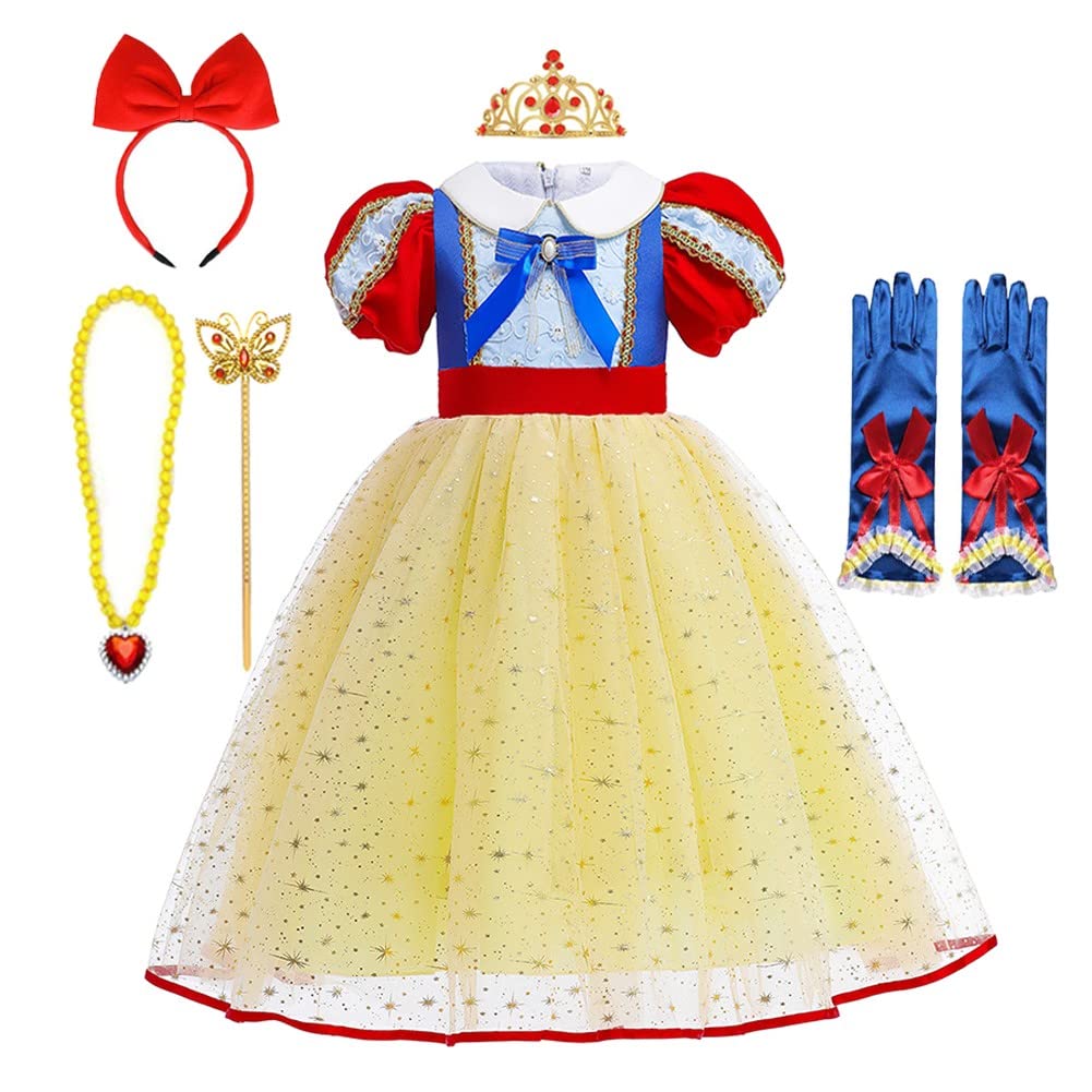MYRISAM Snow White Princess Costume Girls Puff Sleeve Halloween Carnival Christmas Birthday Party Dress w/Accessories 7-8T