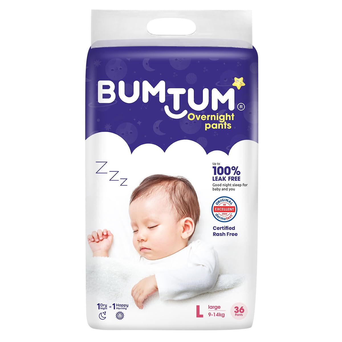 Bumtum Baby Overnight Diaper Pants Size L (914 Kg), 36 Count | All Night Absorption With Pillow Soft Comfort | No Leak | 100%
