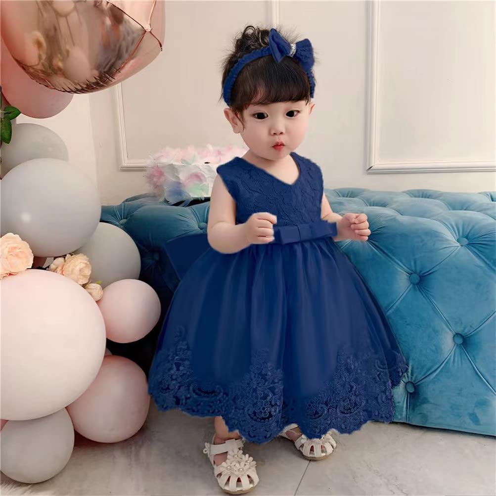 Baby Christmas Embroidery Lace Dresses Little Kid Easter Halloween Wedding Formal Event Dress (Navy 8348,24M)