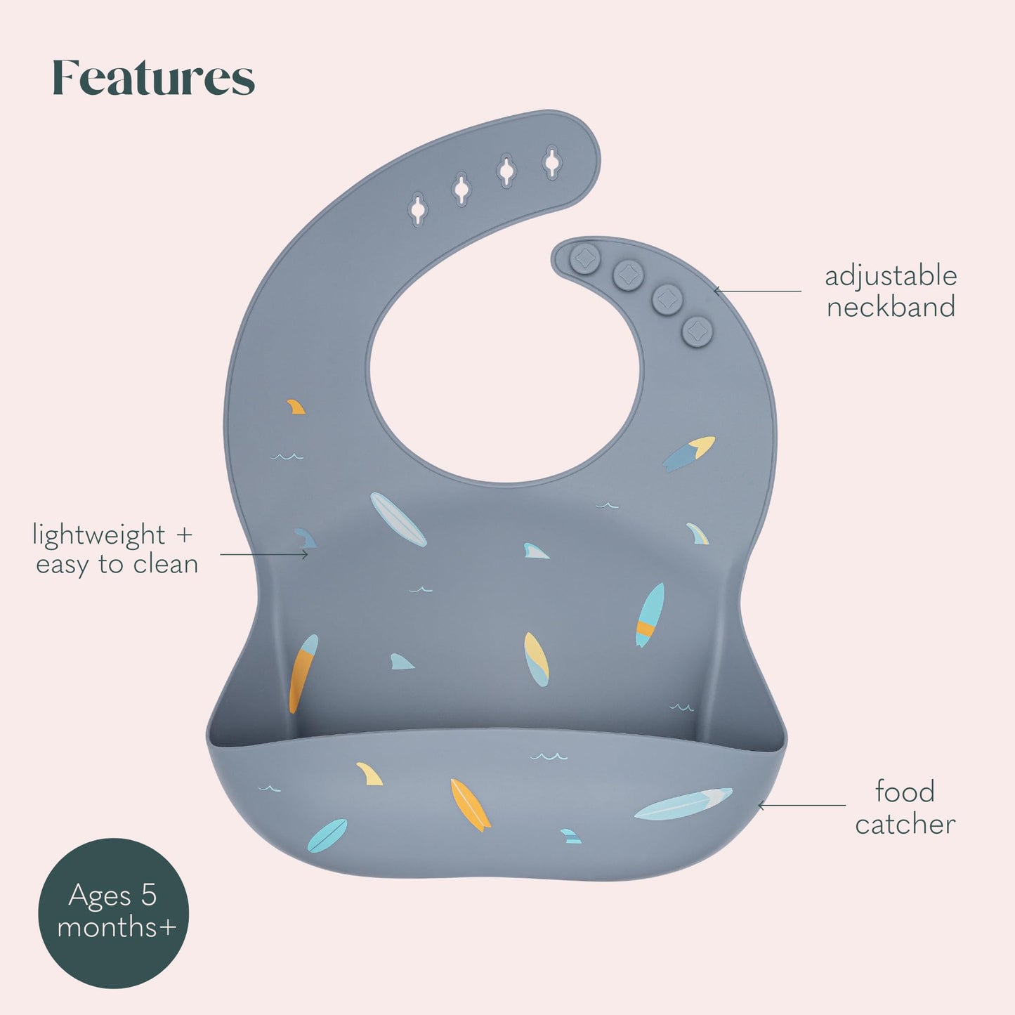 Ava + Oliver Waterproof Silicone Bib Set With Adjustable Neck Closure - Durable Silicone Bibs For Babies - Set Of 2 (Surfboards)