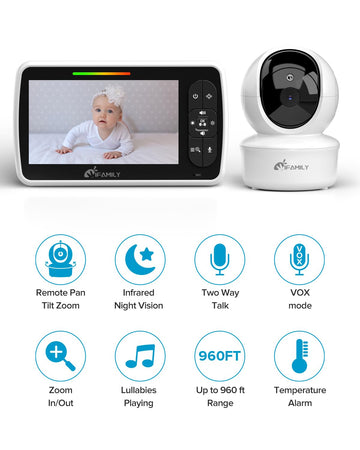 Ifamily Baby Monitor - Large 5' Screen With 30Hrs Battery Life - Remote Pan-Tilt-Zoom;No Wifi, Two-Way Audio, Night Vision, Tem