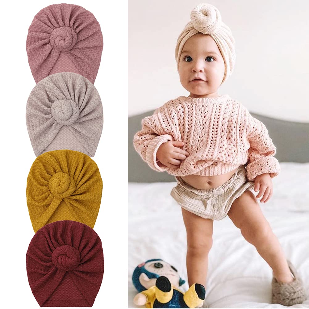 Jiahang Baby Donut Knotted Bow Hat, Waffle Knit Turban Head Wrap, Unisex Baby Beanie India Cap For Infants Toddlers Girls 6 Pcs
