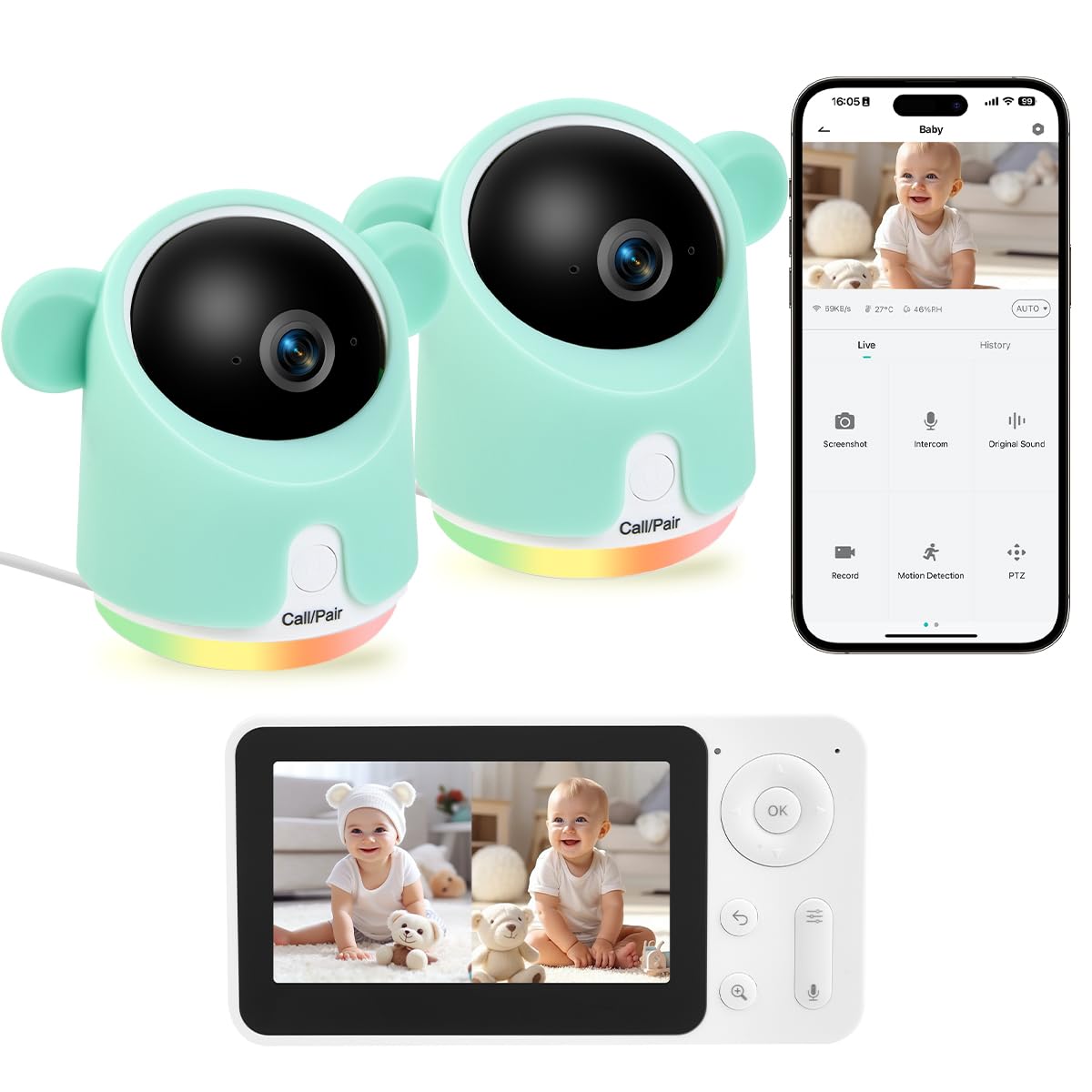 Baby Monitor with Camera and Audio, Split-Screen 1080P 2 Baby Cameras Lullabies WiFi Smartphone App Control Night Vision 4.3