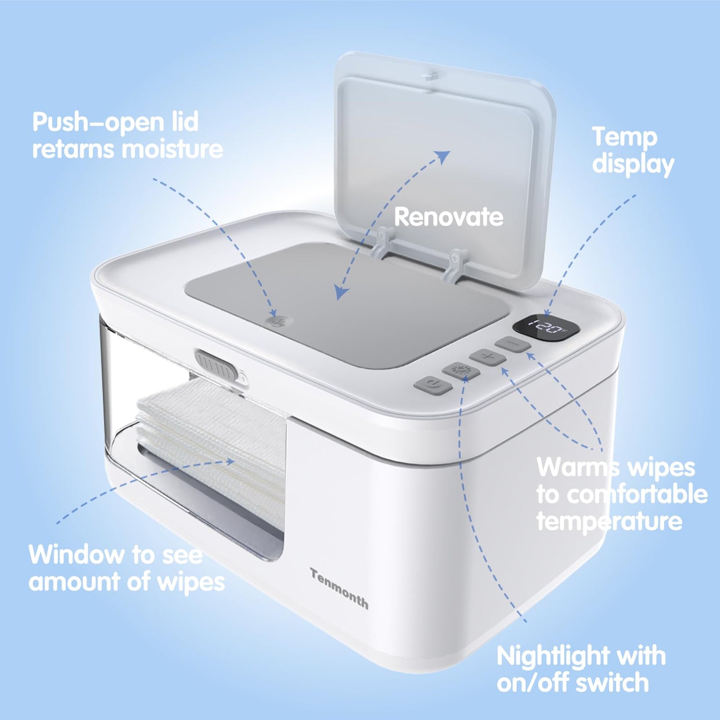 Baby Wipe Warmer Baby Wet Wipes Dispenser, Tenmonth Diaper Wipe Warmer With Led Light & Transparent Viewing Window, Adjustable 9