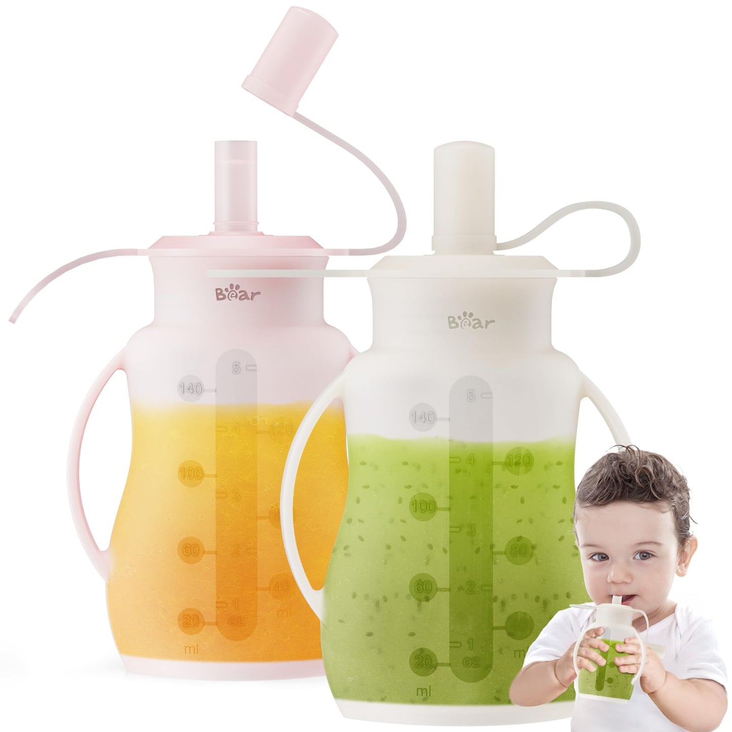 Bear Reusable Silicone Baby Food Pouches for Toddlers, BPA Free Food Grade, 2 Pack Baby Food Containers, Refillable Squeeze Pouc