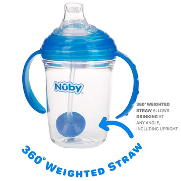 Nuby No Spill 360 Weighted Straw Grip N' Sip Tritan Cup With Hygienic Cover, 8 Oz, Trainer Cup (Blue/Grey)