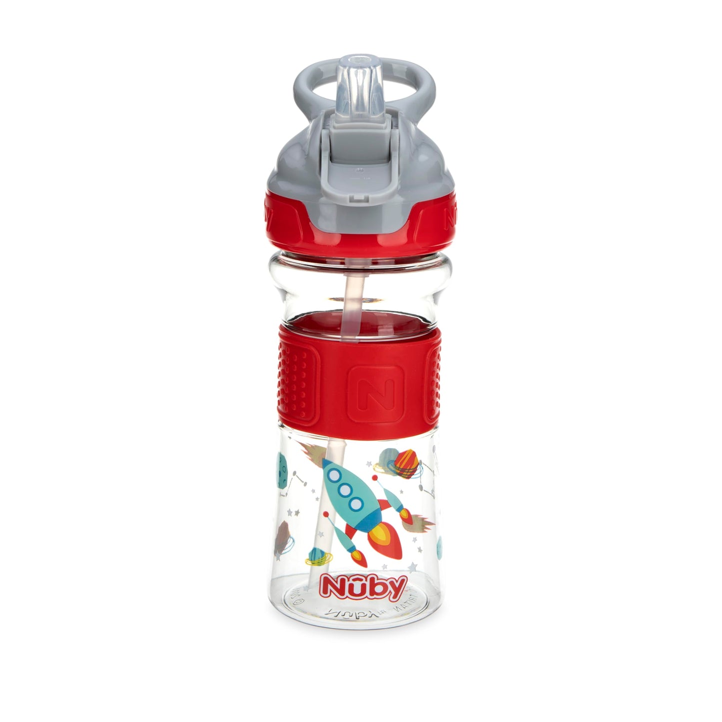 Nuby Thirsty Kids Push Button Flip-it Soft Spout on The Go Water Bottle with Easy Grip Band, 12oz, Rocket