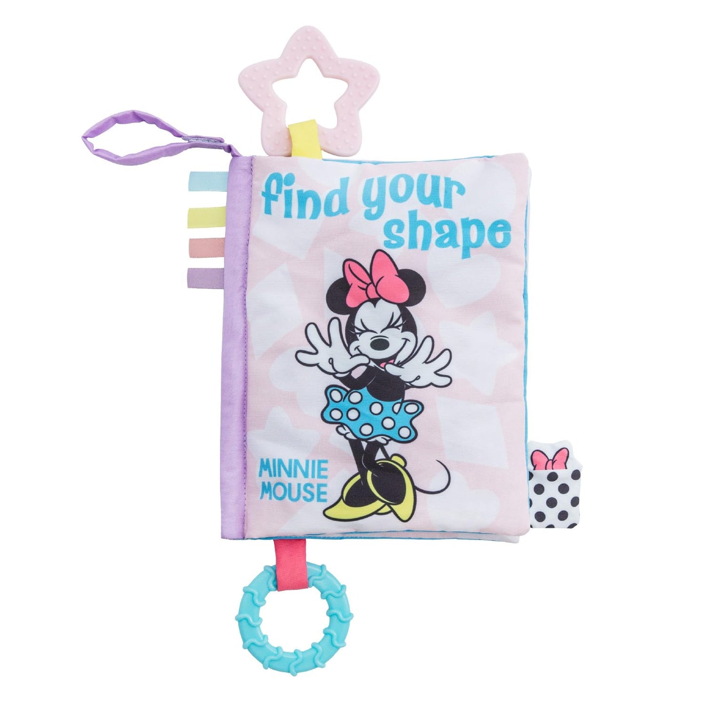Disney Baby Minnie Mouse Find Your Shape Soft Book with Crinkle Pages, Teething Rings and On-The-Go Hook and Loop Strap for Babi