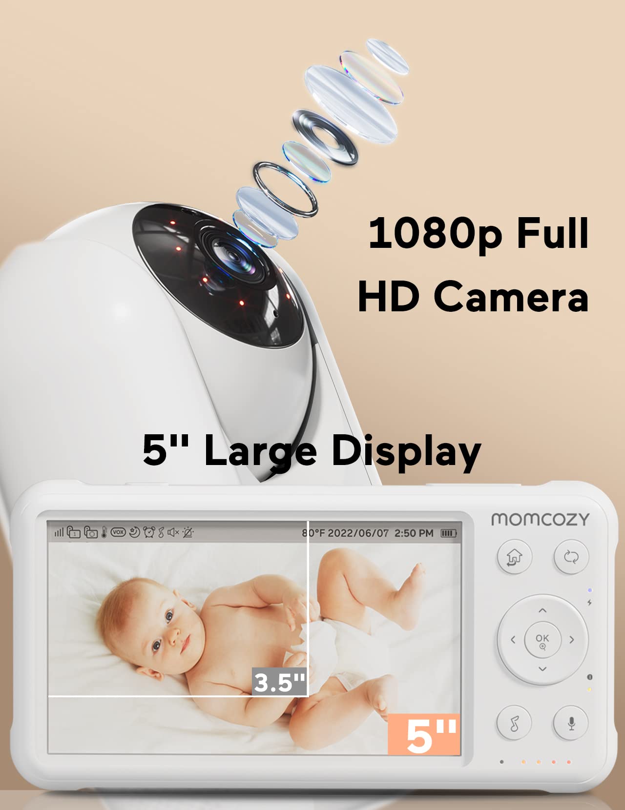 Momcozy Video Baby Monitor, 1080P 5' Hd Baby Monitor With Camera And Audio, Infrared Night Vision, 5000Mah Battery, 2-Way Audio