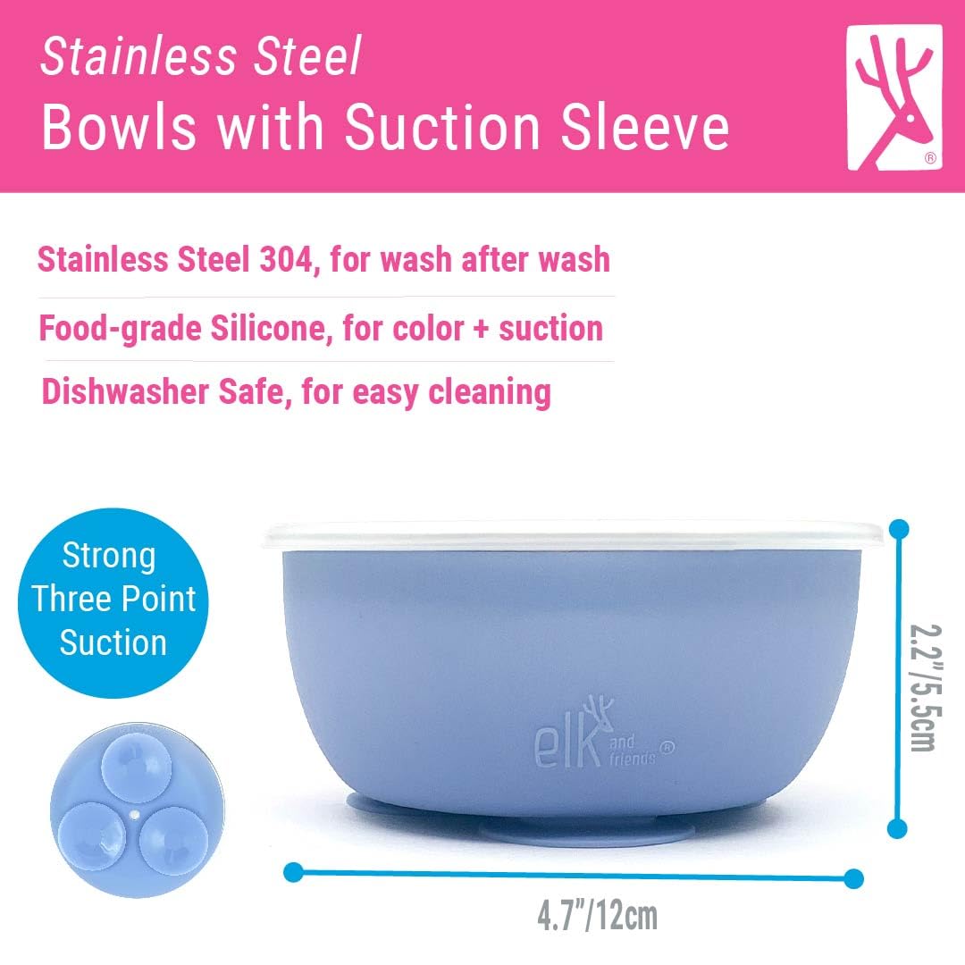 Elk And Friends Stainless Steel Bowls With Silicone Sleeve For Babies & Toddlers | Lids Included | Stay Put Suction | Cereal & S