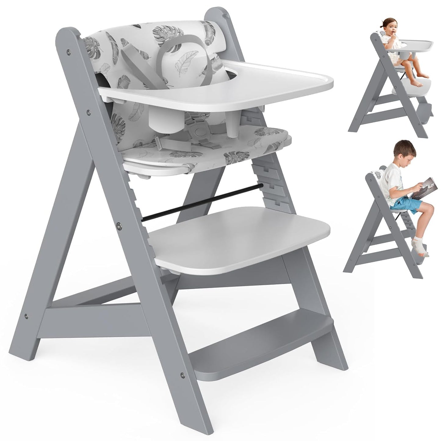 HOMEKOL Wooden High Chair with Tray, Adjustable and Convertible for Babies and Toddlers, Water-Resistant Natural Wood, Ergonomic