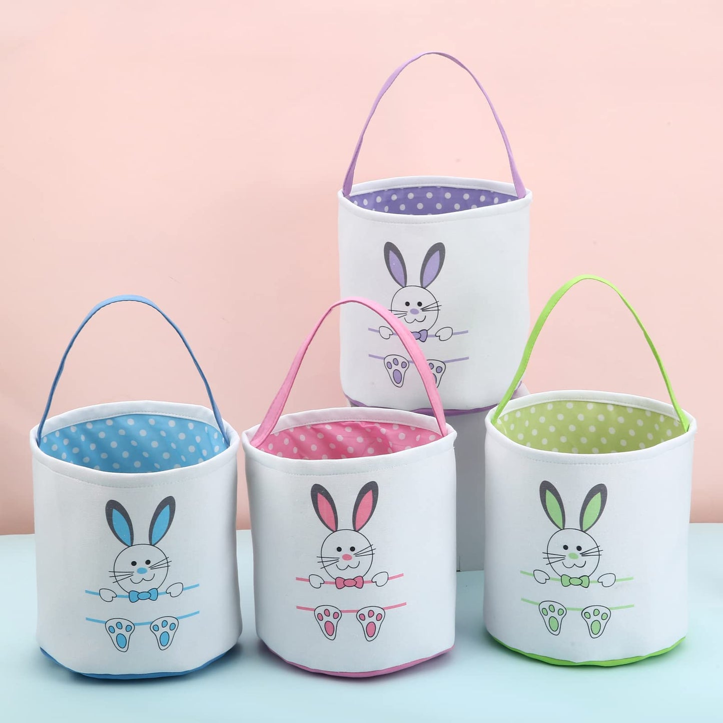 Waarms 2 Pack Easter Bunny Basket Bags For Kids, Canvas Cotton Personalized Egg Basket Hunt Bags Cute Rabbit Print Buckets For E