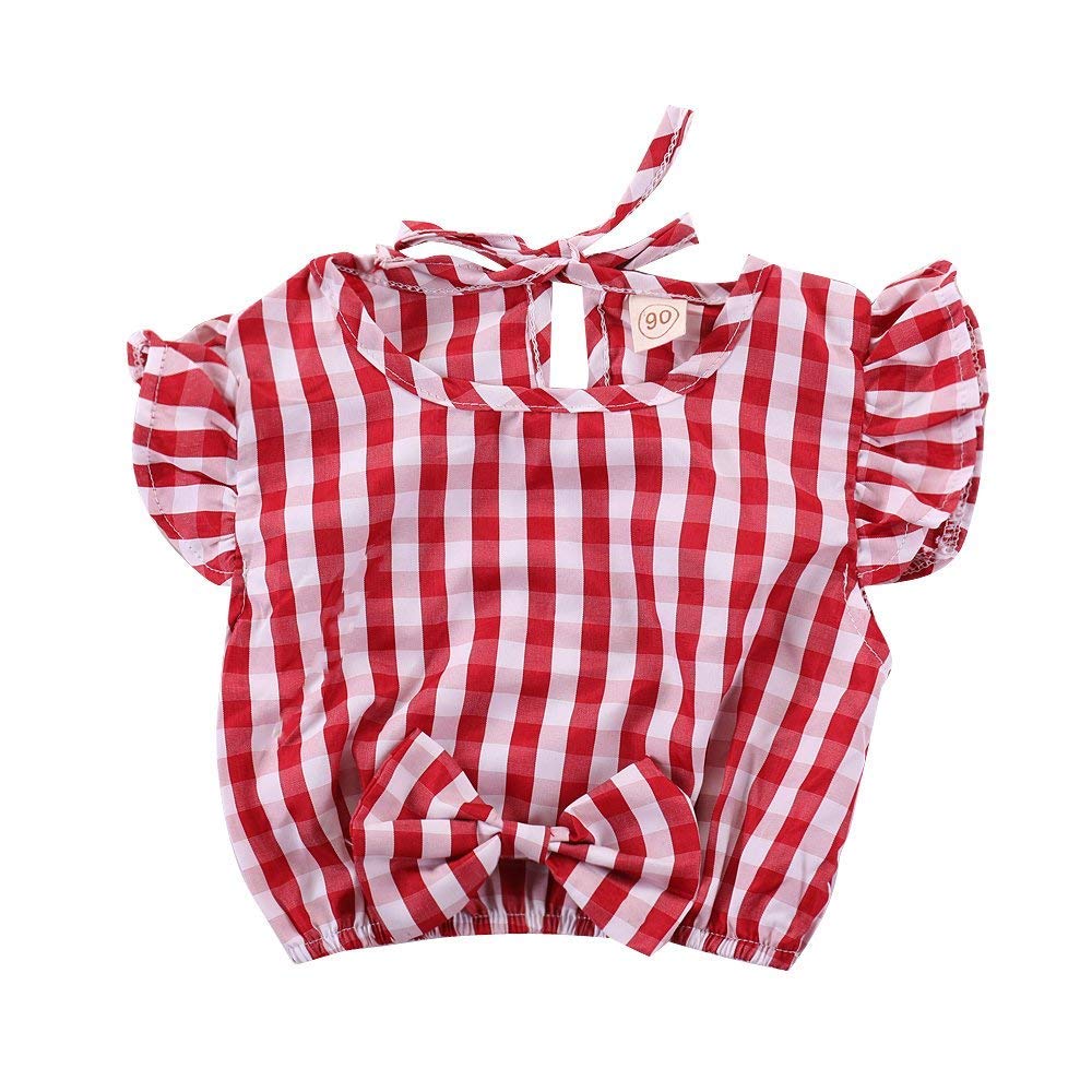 Toddler Baby Girl Red Plaid Outfits Ruffled Sleeve Crop Top Shirts With Bowknot+Denim Skirt Dress Summer Clothes Set (Plaid, 1-2