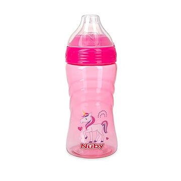 Nuby Thirsty Kids No Spill Sip-It Sport Tritan Travel Cup With Soft Silicone Spout And Hygiene Cover, 12 Oz, Pink Unicorn Print