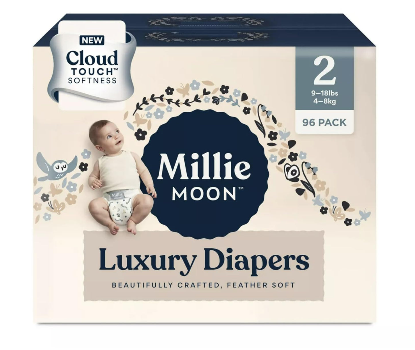 Millie Moon Diapers Sizes 1-6 Luxury Diapers Couches De Luxe (Choose Size) (Size 2-96 Diapers (9Lbs-18Lbs))