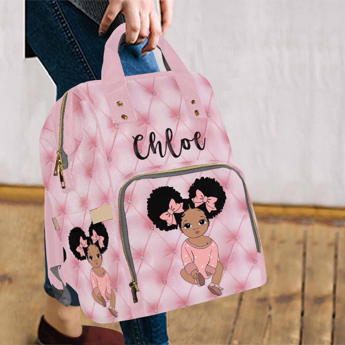 Artsadd Custom Diaper Bag With Thermal Pockets, Pink Bowknot Travel Shoulder Bag Baby Backpack Customized Laptop Backpack With N