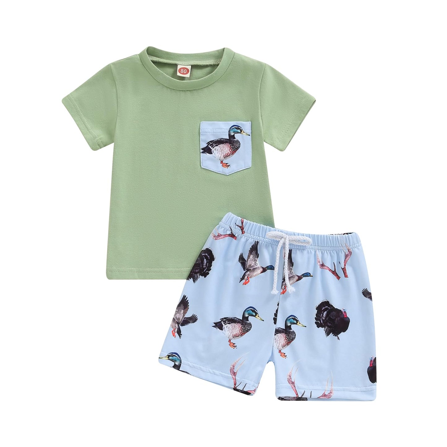PUHHAPIEY Toddler Baby Boy Summer Clothes Retro Embroidery Duck Hunting Shirts T-Shirt + Elastic Camouflage Shorts Set (Pale Gre