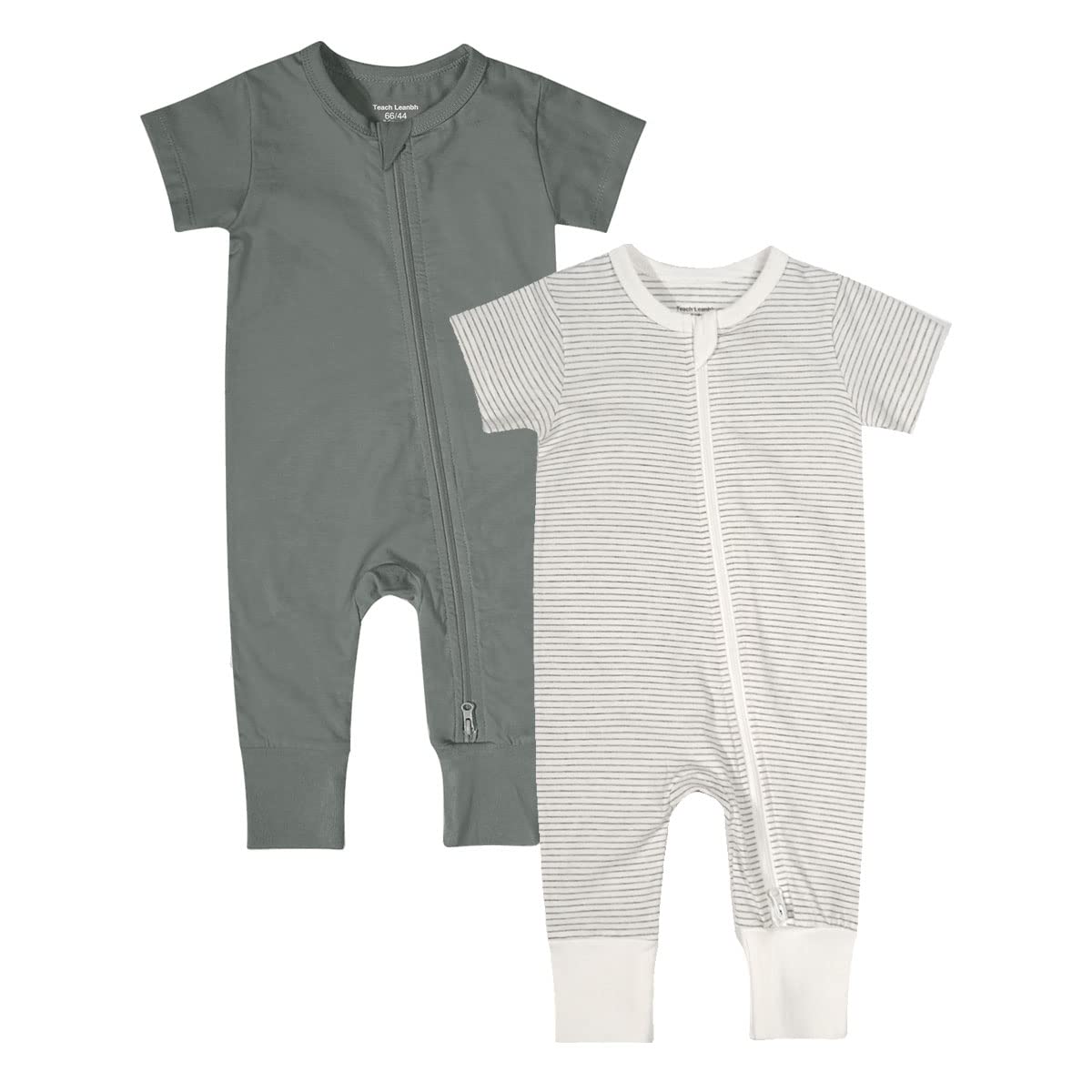 Teach Leanbh Baby Boys Girls 2-Pack Romper Jumpsuits Cotton 2 Way Zipper Short Sleeve Footless Sleep And Play 3-24 Months (Grey,