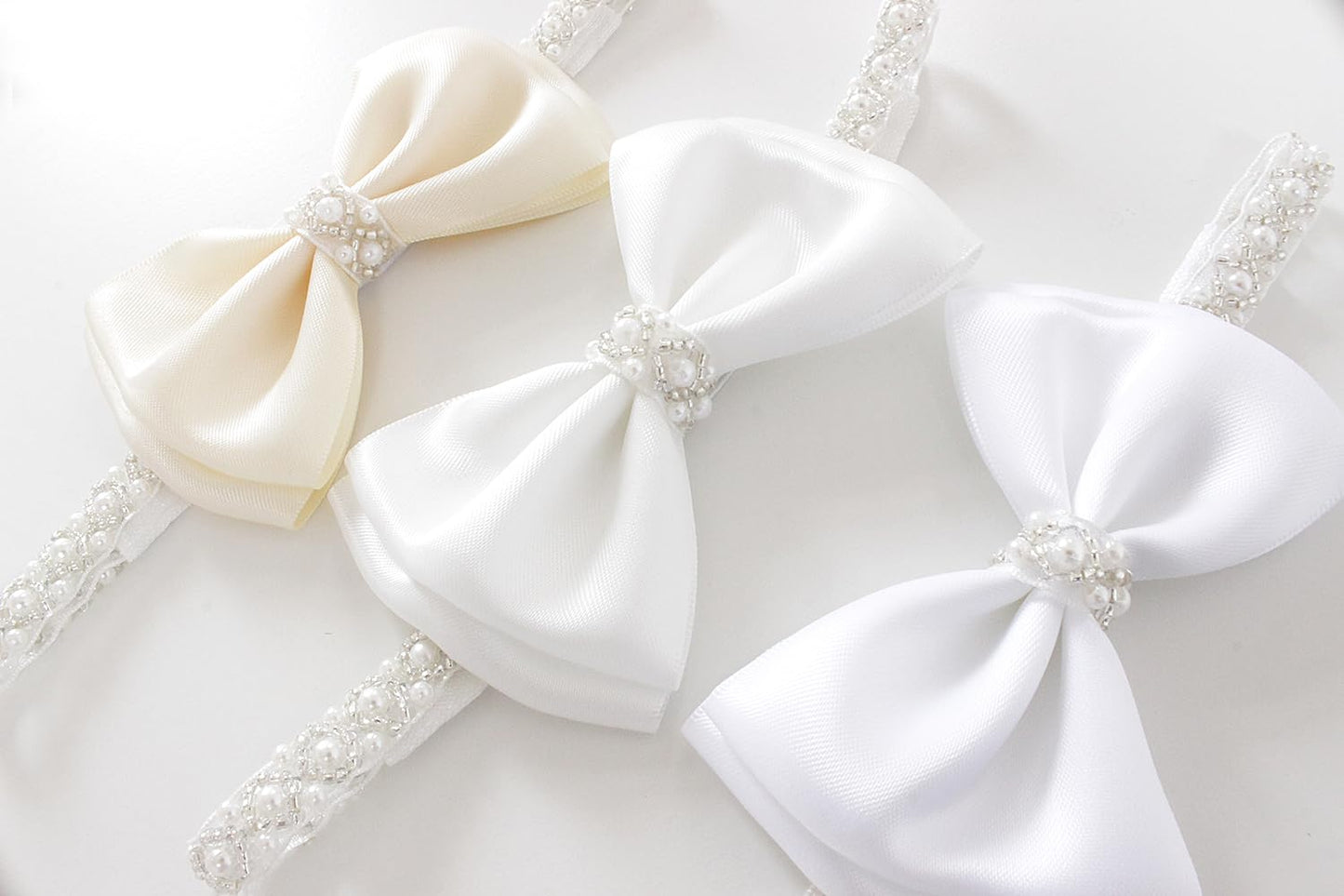 0-12 Newborn Baby Baptism Pearl Headband With Bow In White Christening Headband With Satin Bow, Pearl Rhinestone Band (Cream(3-6