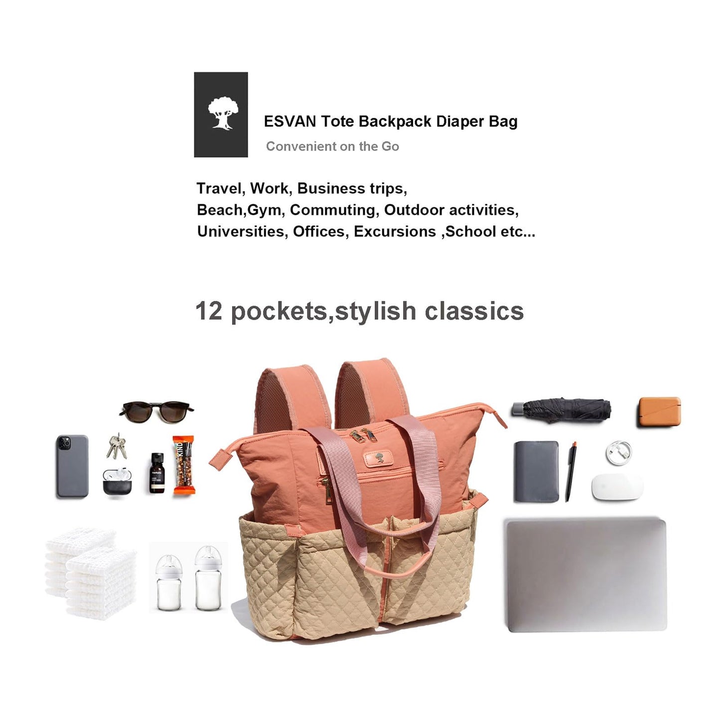 Esvan Diaper Tote Bag Totepack Backpack 2 In 1 For Women Multifunctional Large Capacity With Insulated Pockets Travel (Orange Kh
