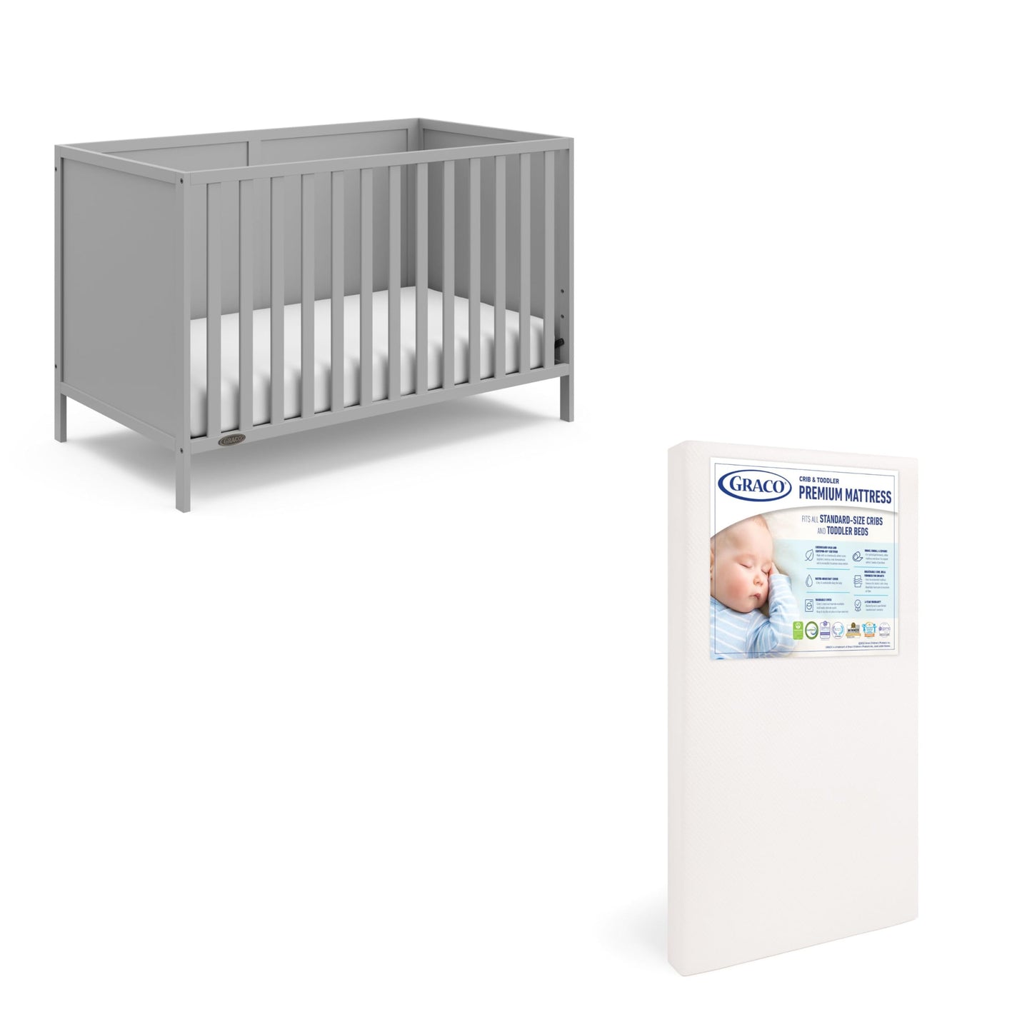 Graco Theo Crib And Mattress Nursery Essentials Pack (Pebble Gray) - Greenguard Gold Certified Baby Crib & Crib Mattress, Cribs