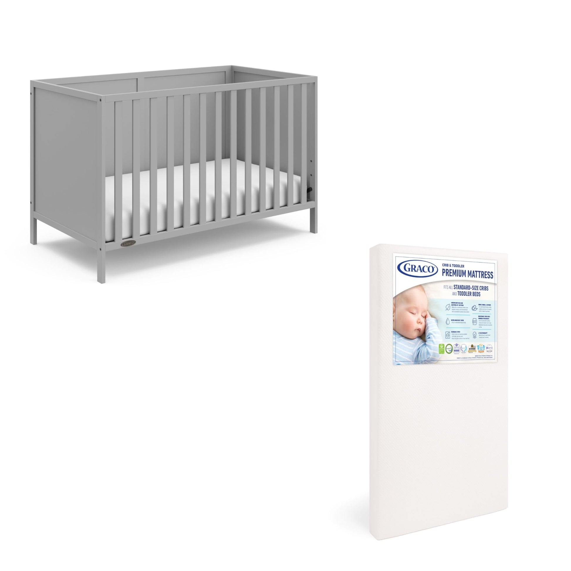 Graco Theo Crib And Mattress Nursery Essentials Pack (Pebble Gray) - Greenguard Gold Certified Baby Crib & Crib Mattress, Cribs