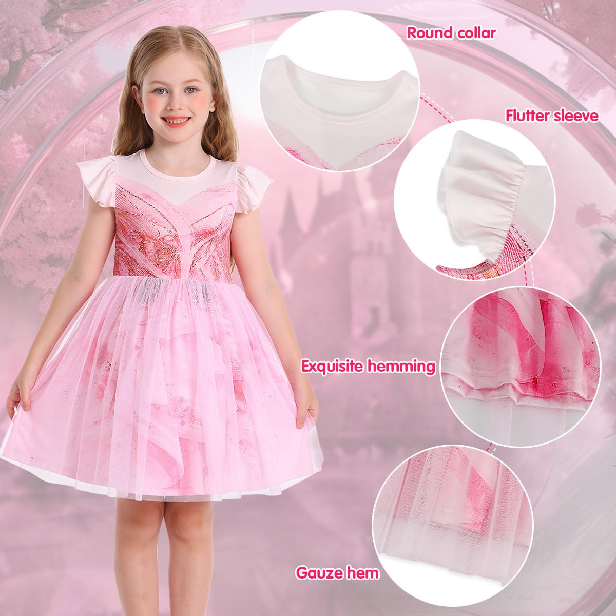 Marendyee Pink Witch Dress For Girls Halloween Costume Kids Tulle Dresses Flutter Sleeve (9-10 Years)