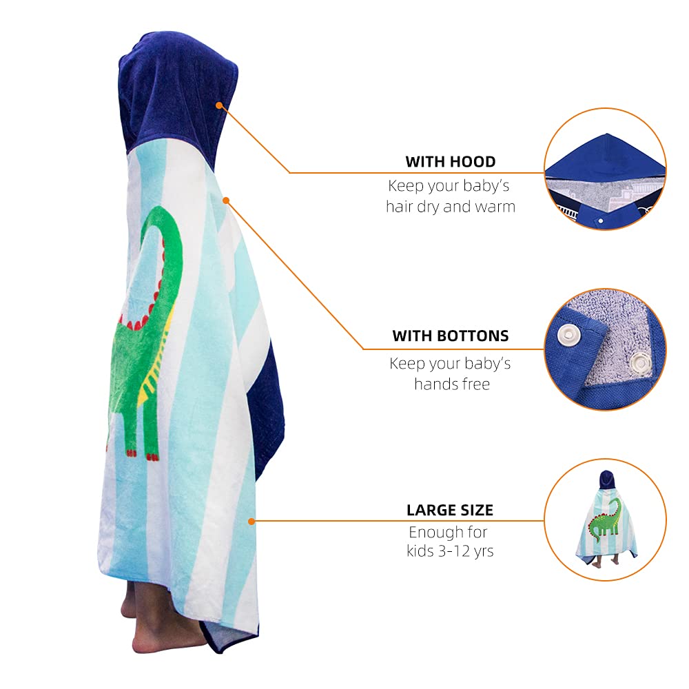 Bangsaur Kids Hooded Beach Bath Towels, 100% Cotton 50'X30' Wrap Towel, Toddlers Boys 3-12 Years Coverup Towel Surfing T-Rex