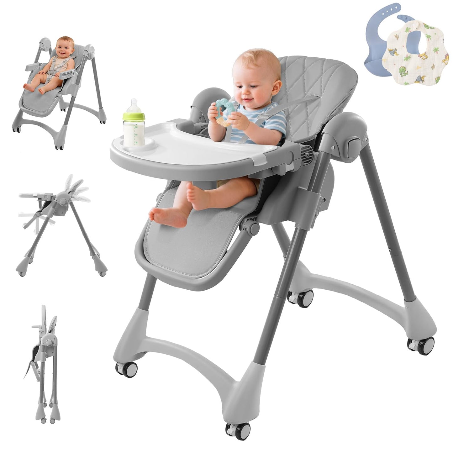 High Chairs for Babies and Toddlers, Foldable Baby High Chair with Removable Tray, Adjustable Backrest and Height, 6 in 1 High C