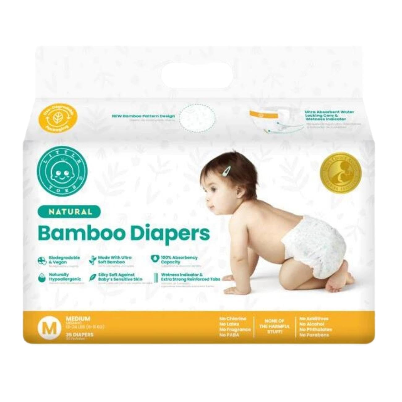 Little Toes Patented Natural Disposable Viscose Diapers | Day and Overnight Diapers | Sustainable | Size 2-3 Medium | 36 Pack