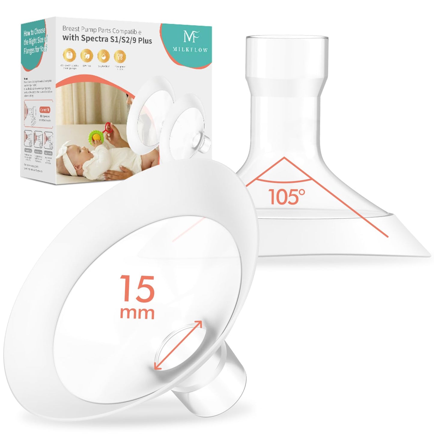 Breast Flanges 15mm 2-Pack for Medela Pump in Style, Symphony, Freestyle, Sonata, Maxflow and Lansinoh Signature Pro Breast Pump