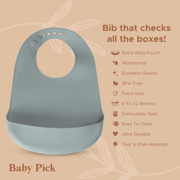 Baby Pick Silicone Bibs For Babies- Bpa-Free Waterproof Bib With Pocket- Dishwasher Safe Feeding Bib With Food Catcher (Grey Blu