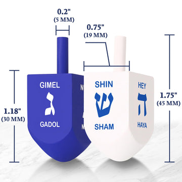 Zion Judaica Hanukkah Dreidels Blue & White Natural Wood With English Translation & Transliteration (10 Pack)