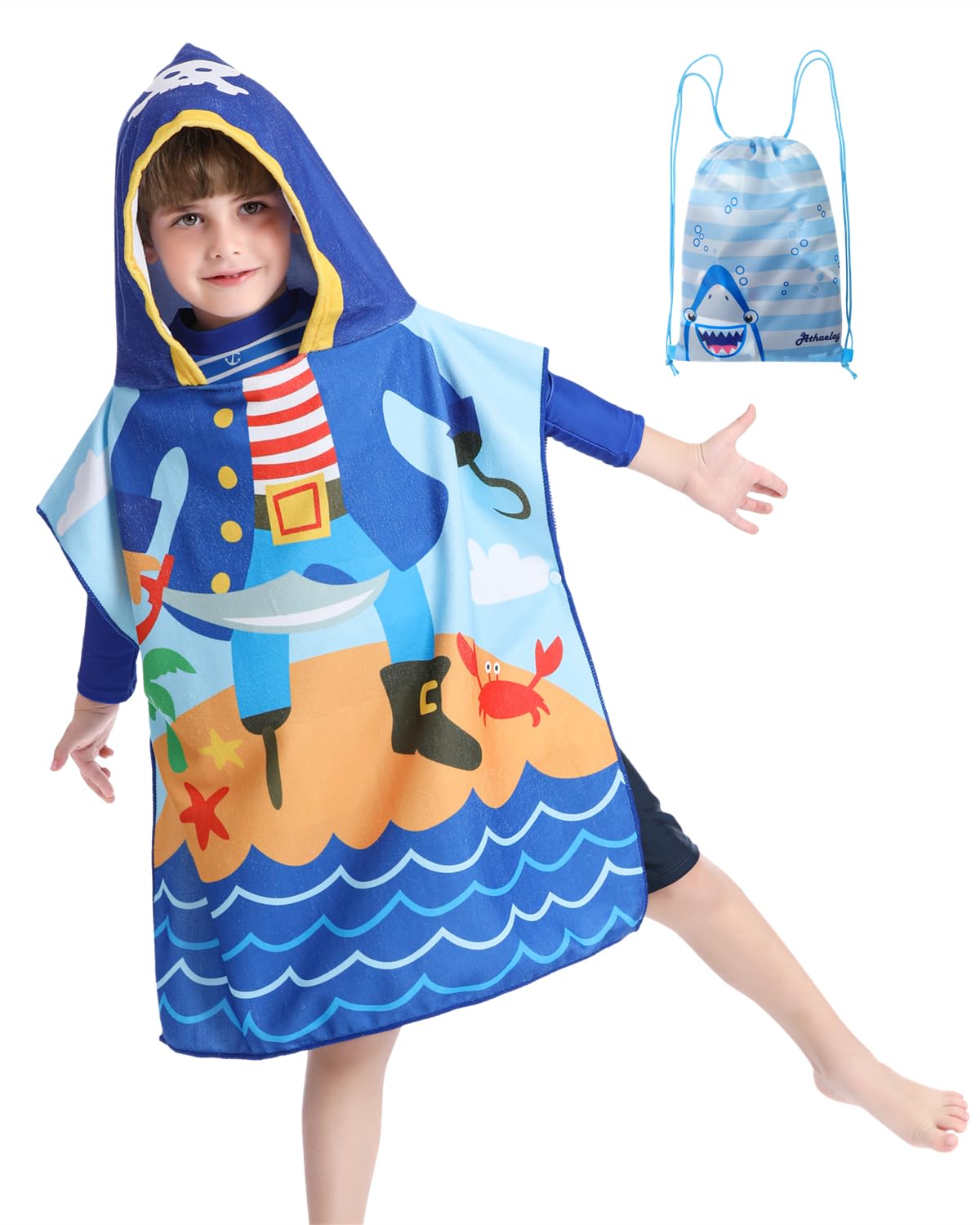 Athaelay Children Hooded Beach Towel Toddler Boys Bath/Pool/Swim Poncho Cover-ups Swimwear, Pirate Theme