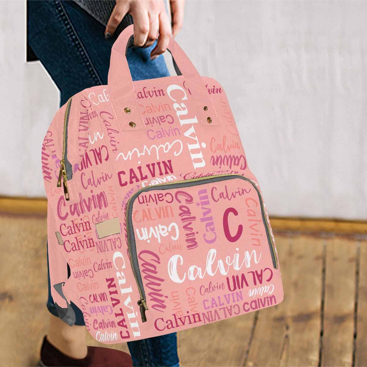 Artsadd Custom Name Diaper Bag Mommy Nappy Bags, Personalized Pink Monogram Handbags Large Capacity Multi-Function Nursing Bags