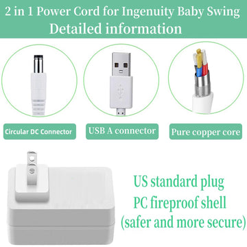 For Ingenuity Baby Swing Power Cord, 2 In 1 Baby Swing Power Adapter Charger Usb A And Dc Plug Compatible With Ingenuity Inlight