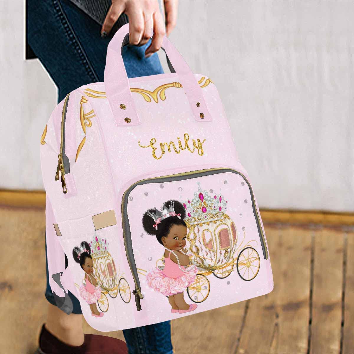 Artsadd Custom Diaper Backpack For Princess Mom, Large Travel Shoulder Bag With Stroller Straps, Personalized Pumpkin Design, Na