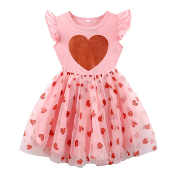 Girls Valentines Dress Glittering Heart Print Tutu Valentines Day Birthday Princess Dress Mesh Tulle Valentines Outfit 5T/1837